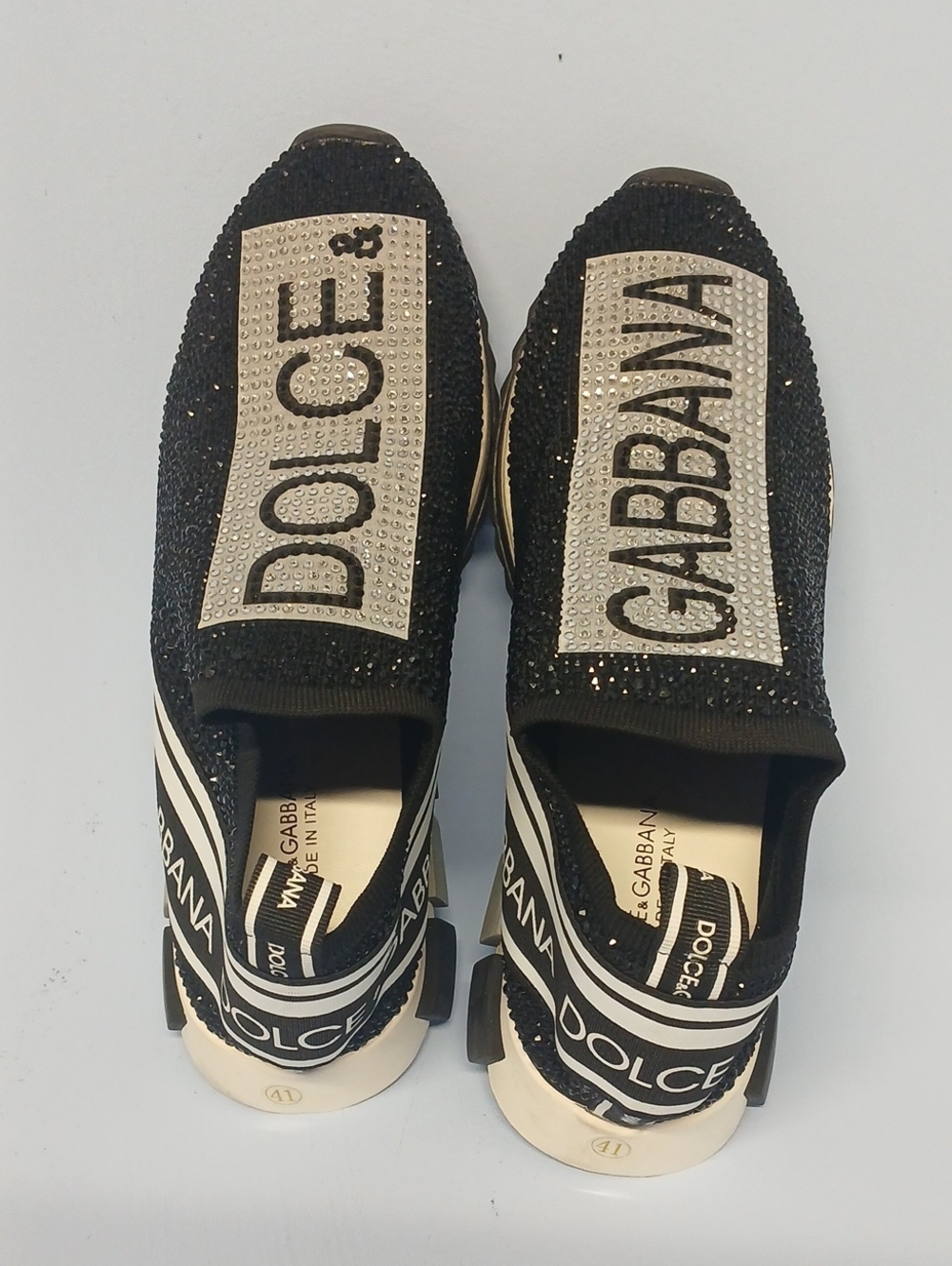 Dolce & Gabbana Black & White Crystal Logo Slip-On Sneakers Euro 41 US 10-10.5